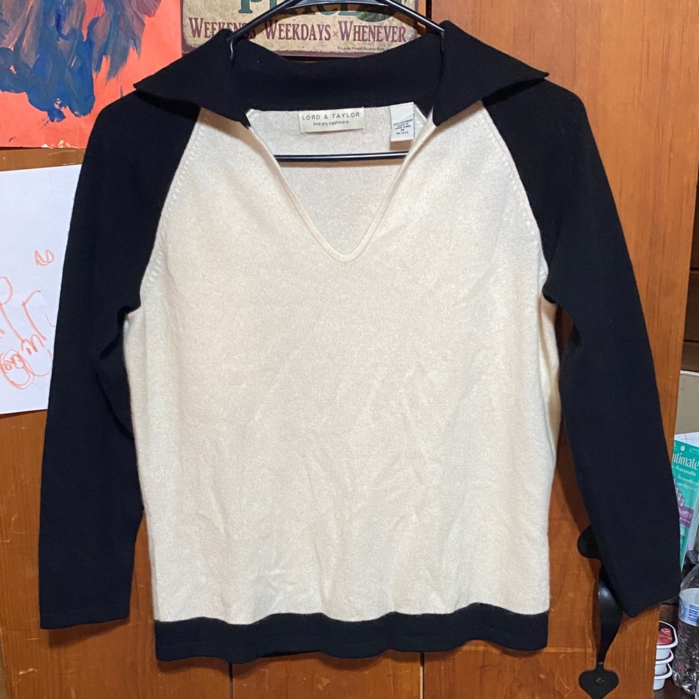 Lord & Taylor V-Neck Sweater in Black and Cream
